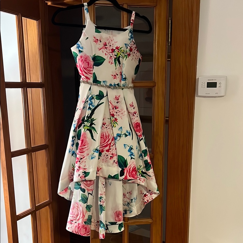 Sateen Girl’s Floral Dress with Aurora Borealis Crystal accent and waterfall